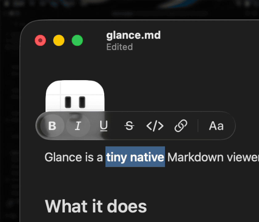 Formatting toolbar above a text selection inside Glance